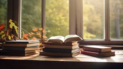 گشتی در دل طبیعت با کتابهای قدیمی روی تخته چوبی و پسزمینه سبز محو