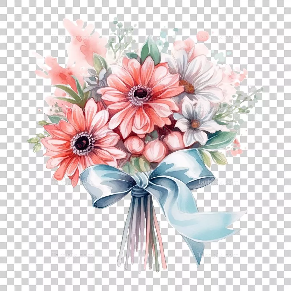 گلدستۀ آبرنگی حساس از گلها با نوار تزیینی در زمینهٔ سفید