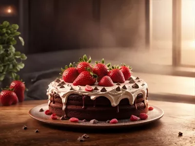 دسر کیک شکلاتی لاکچری با توت فرنگی تازه و طراحی هوش مصنوعی