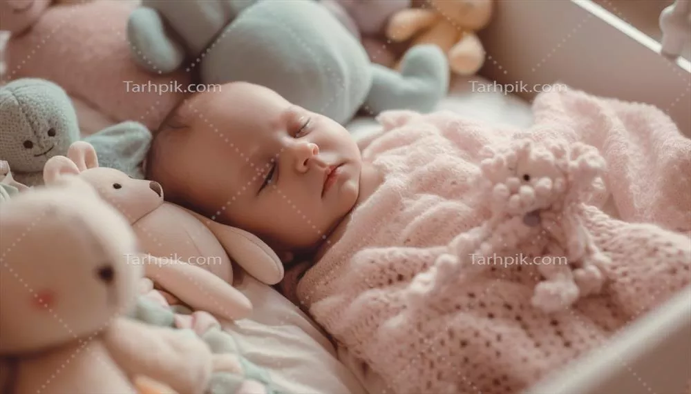 نوزاد دختر در حال خواب آرام بر روی پتوی نرم صورتی در محیط داخلی