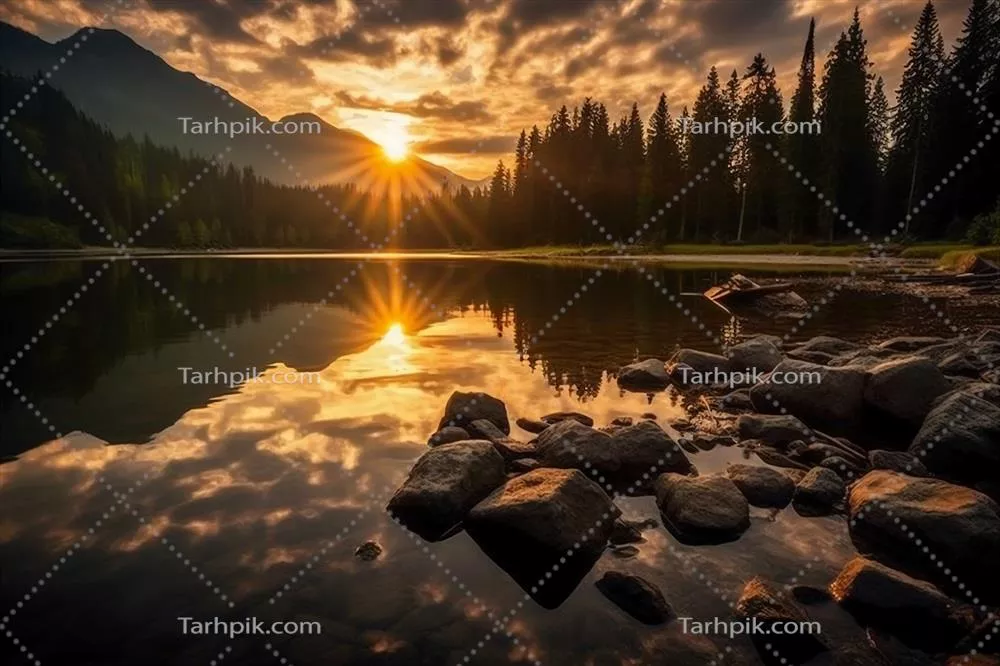 تصویری جذاب از دریاچه‌ای آرام در غروب خورشید با زیبایی طبیعی شگفت‌انگیز