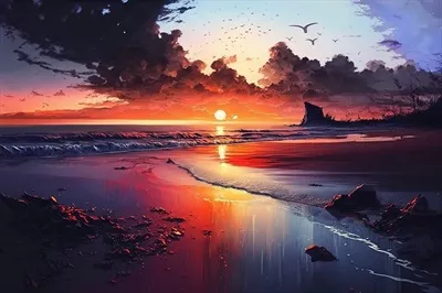 تصویرسازی آبرنگی غروب بر روی دریا با استفاده از هوش مصنوعی