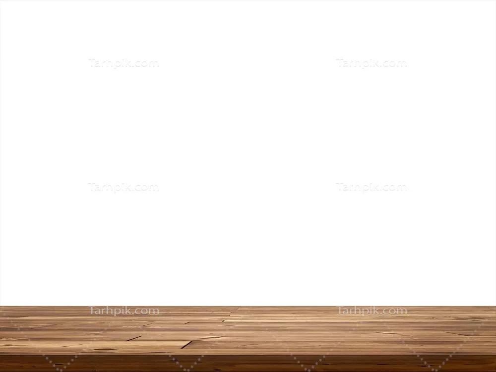 تصویر جلو نمایی از یک میز چوبی خالی بر روی پس زمینه سفید