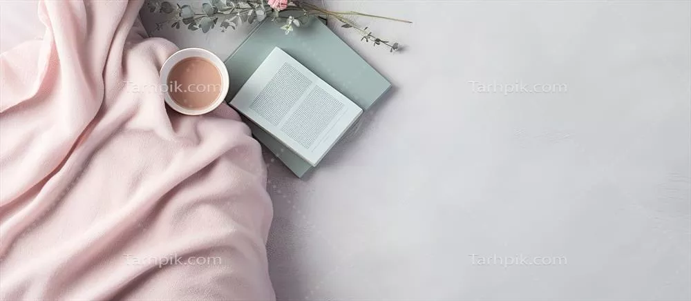 فنجان قهوه و کتاب باز بر روی پتو صورتی با استفاده از فناوری هوش مصنوعی خلاق