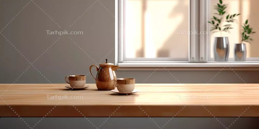 میز چوبی و پنجره با گیاهی در نور آفتاب، فضای خالی در پسزمینه مات و تولید شده با هوش مصنوعی