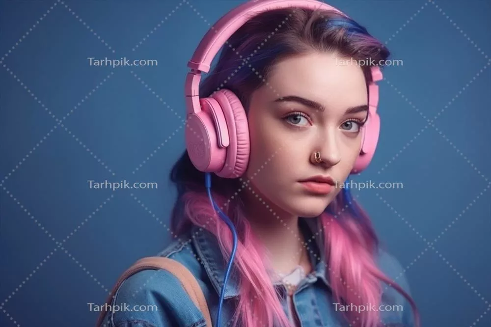 پرتره زیبای دختر با موی صورتی و هدفون در پسزمینه آبی