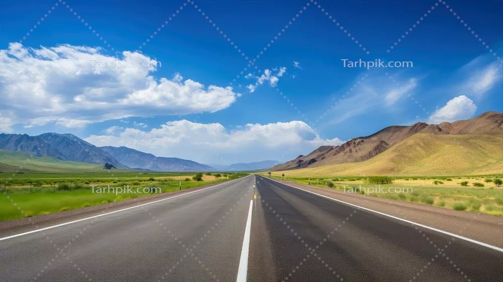 تصویر بوم نقاشی از مناظر طبیعی با جاده روستایی در آسمان ابری آبی و رنگارنگ