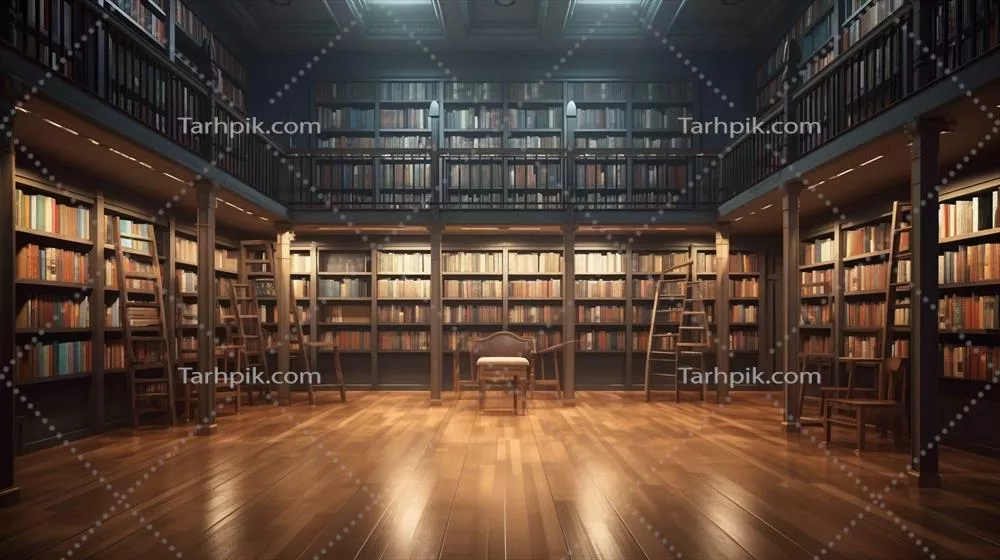 کتابخانه بزرگ با قفسههای کتاب و منابع یادگیری با کمک هوش مصنوعی