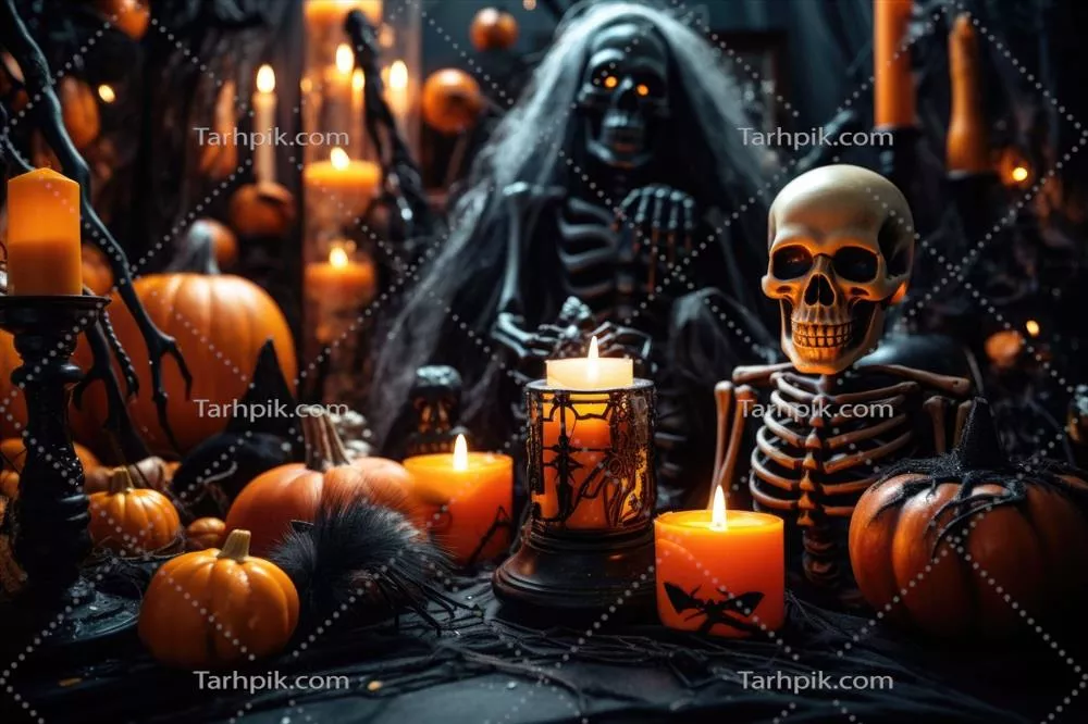 دکوراسیون تاریک خانه برای هالووین با کدو تنبلهای ترسناک - تولید شده توسط هوش مصنوعی