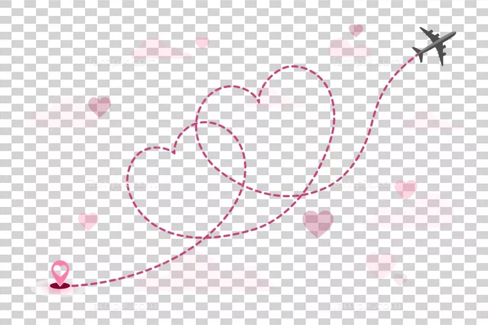 مسیر عاشقانه پرواز با هواپیما و نقطه شروع بر روی پسزمینه شفاف