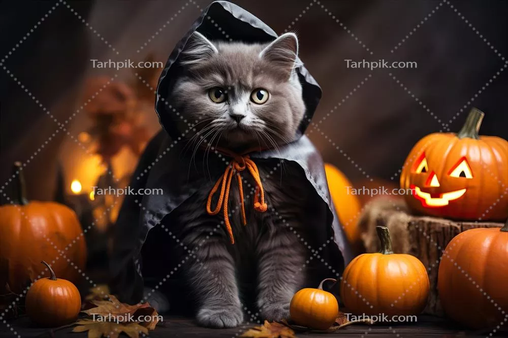 گربه روسی آبی در حال پوشیدن لباس Halloween برای جشن شب هالووین