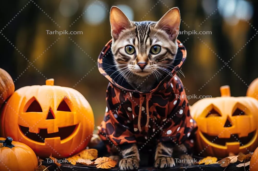 گربه بنگالد در حال پوشیدن لباس Halloween با ظاهری شگفت انگیز و جالب