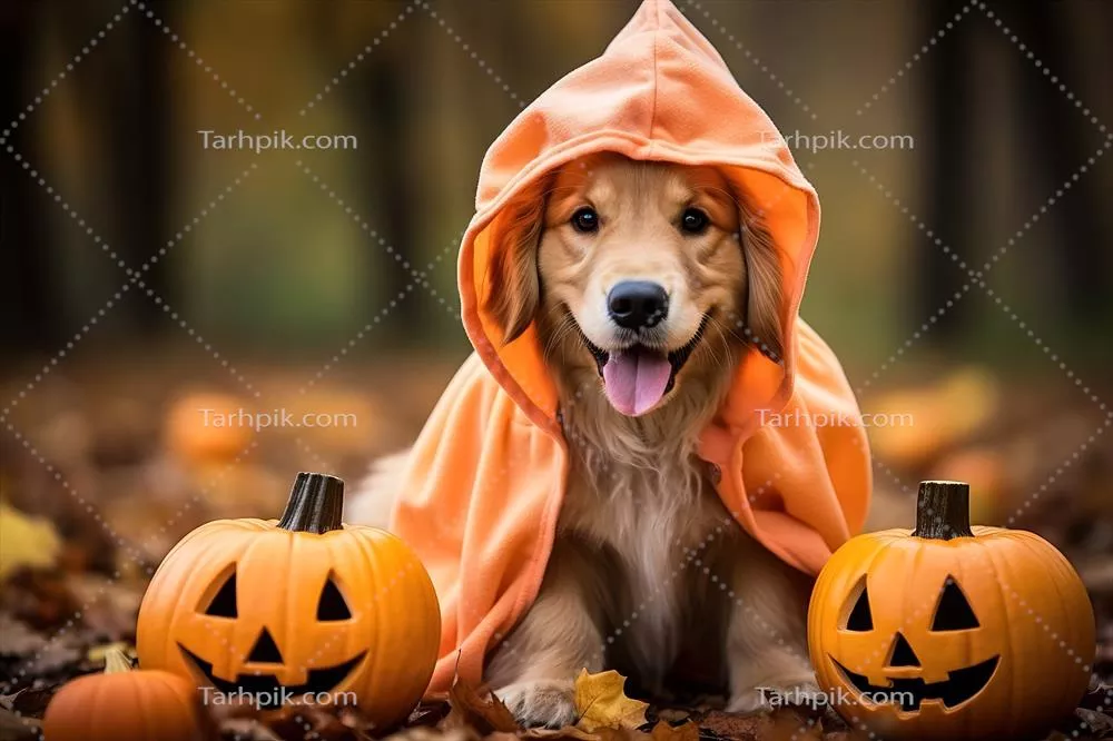 سگ retriever طلایی پوشیده شده در لباس Halloween با رنگ های شاد