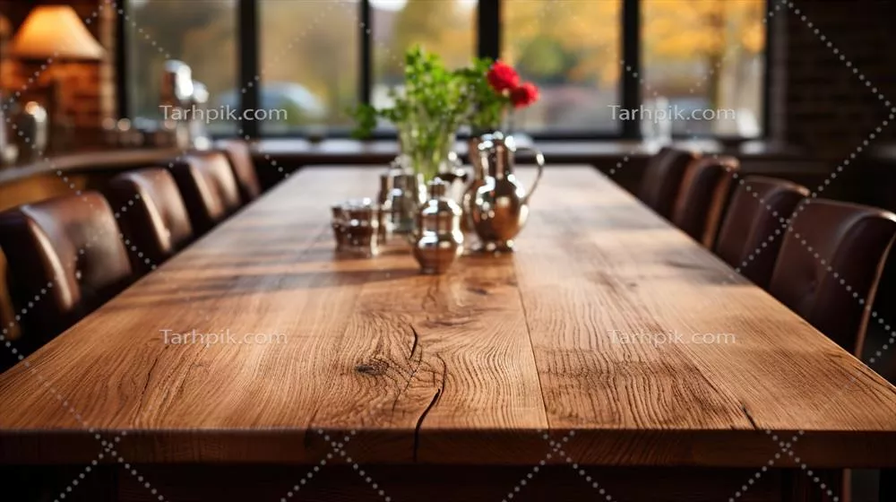 مکاپ برای میز چوبی طبیعی بلوطی با نمای جلو و پسزمینه محو برای نمایش محصولات