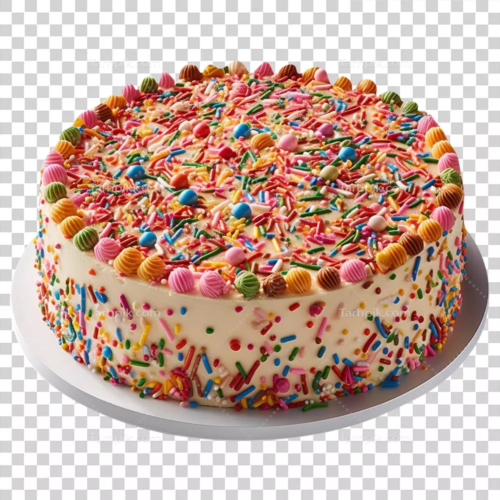 کیک فندانتی خوشمزه تزئین شده با رنگین‌نماها بر روی پس‌زمینه شفاف