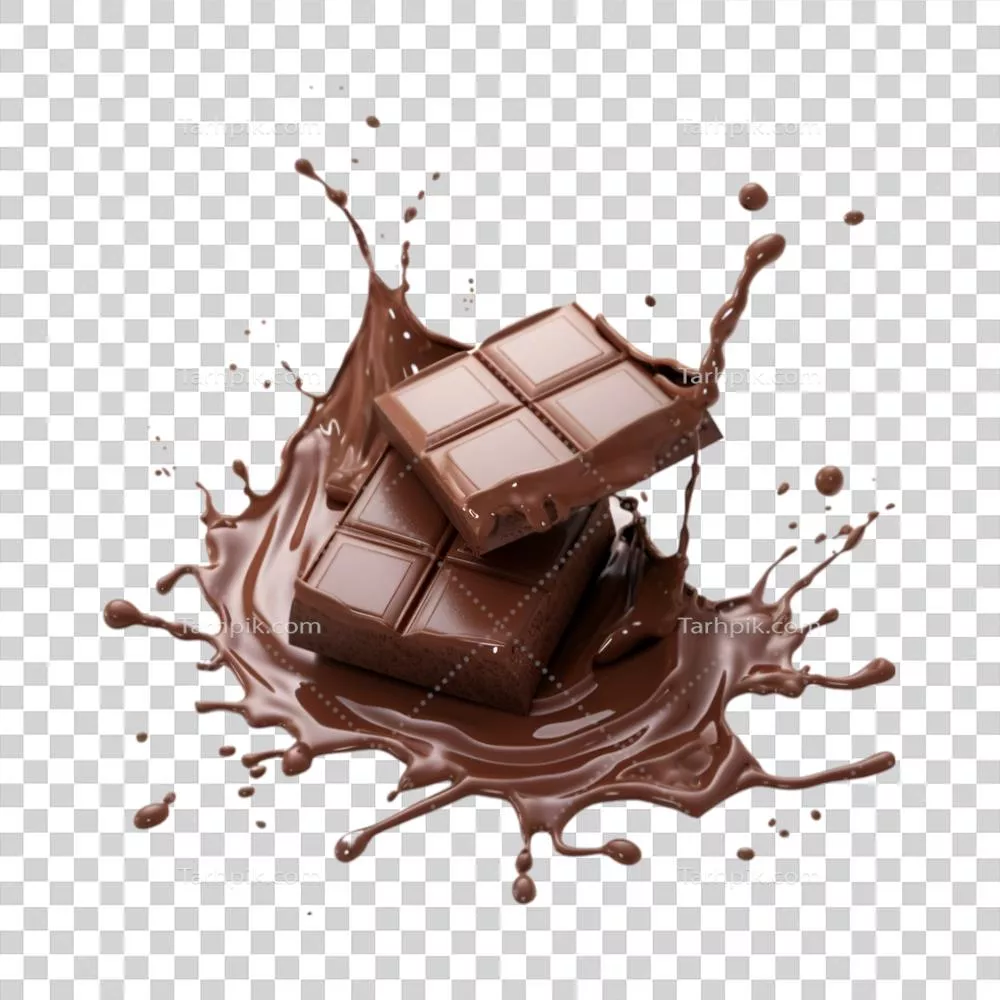قطعات شکلاتی در حال سقوط بر روی سس شکلاتی با پس‌زمینه شفاف