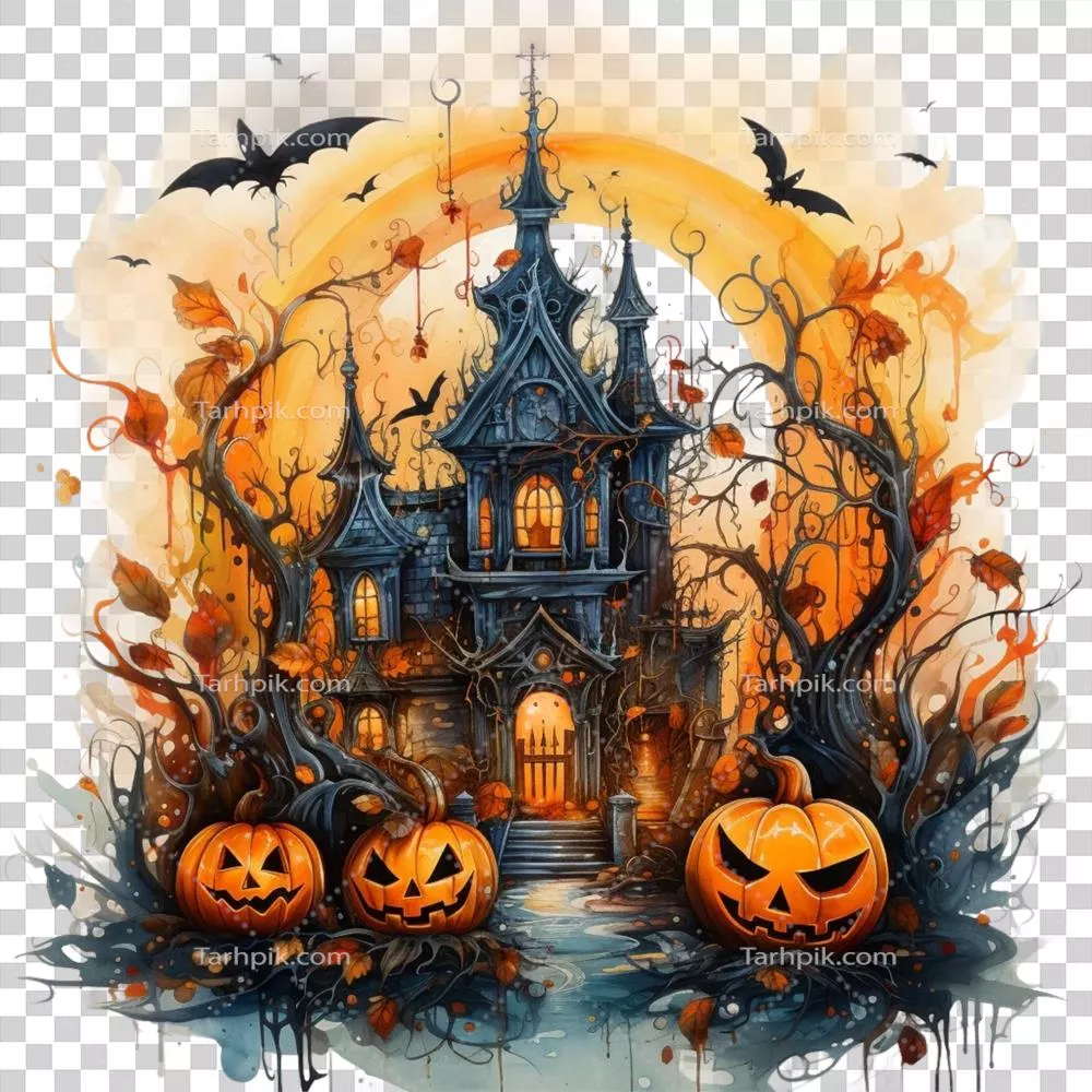 نقاشی آبرنگی هالووین با شبح و کدو تنبل زیبا و ترسناک