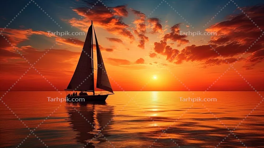 سکوت غروب با سایه قایق بادبانی در افق زیبای طبیعت