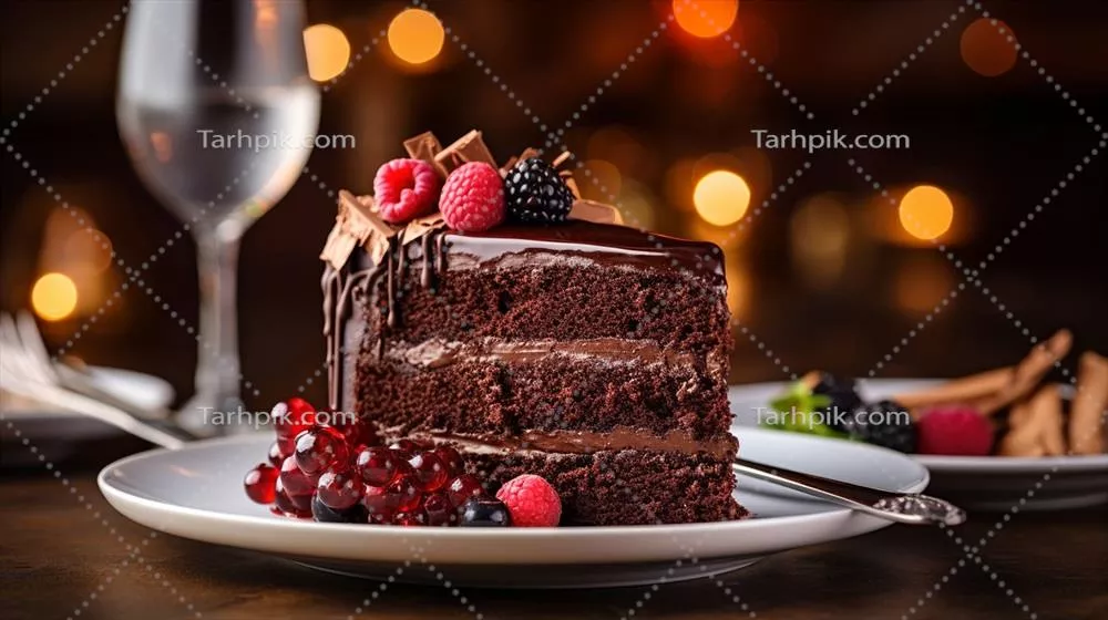یک تکه کیک شکلاتی تزئین شده با گاناش خوشمزه، توتهای تازه و یک لایه پودر کاکائو