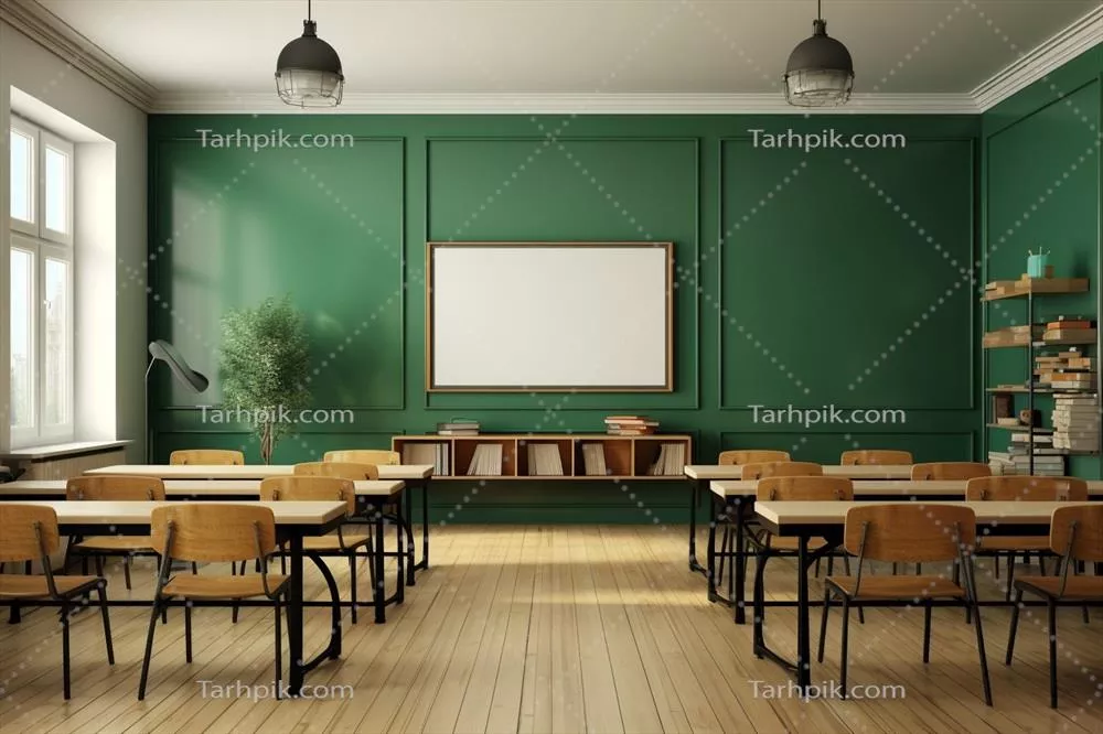 فضای داخلی کلاس درس خالی با میز و صندلی‌های مدرسه و تخته سبز