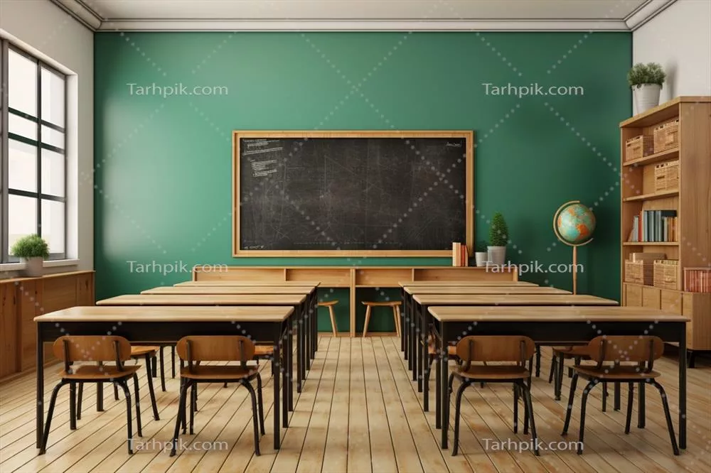 فضای داخلی کلاس درس خالی با نیمکت و صندلی‌های مدرسه و تخته سبز