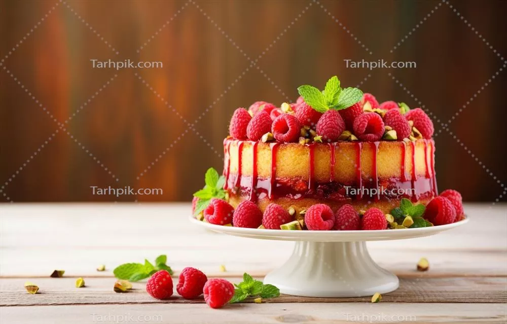 کیک خوشمزه و خوش رنگ با رازک و توت فرنگی تازه و مغز پسته