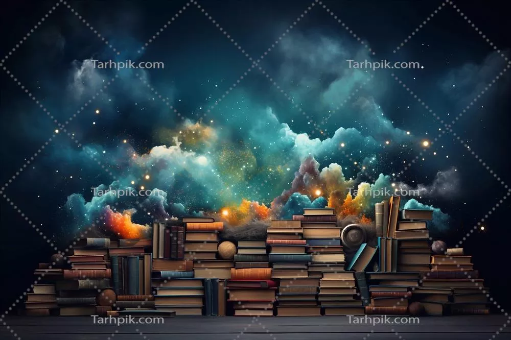 بسته‌ای از کتاب‌ها و منابع علمی بر روی میز با نمایش مفهوم دانش و آموزش در پس‌زمینه آسمان
