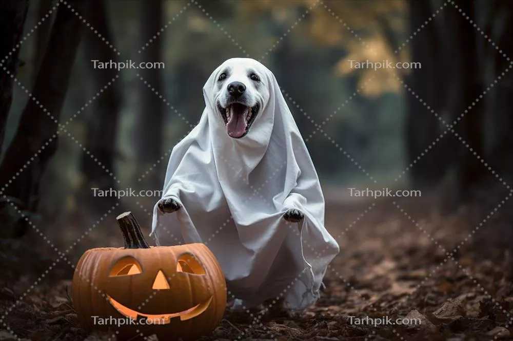 Halloween: سگ با لباس روح و کدوها در پس زمینه تاریک - طراحی شده توسط هوش مصنوعی