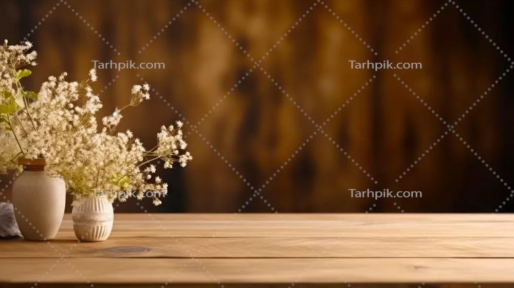 ماکت نمایش میز چوبی طبیعت با گل برای تبلیغات محصول و فضای خالی متن