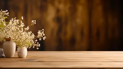 ماکت نمایش میز چوبی طبیعت با گل برای تبلیغات محصول و فضای خالی متن
