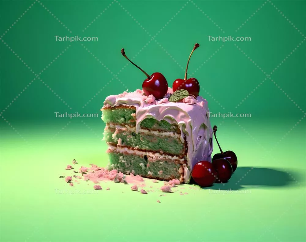 کیک میوهای با لایههای سبز و کرم صورتی، چاشنی شده با گیلاس در زمینه سبز زمردی