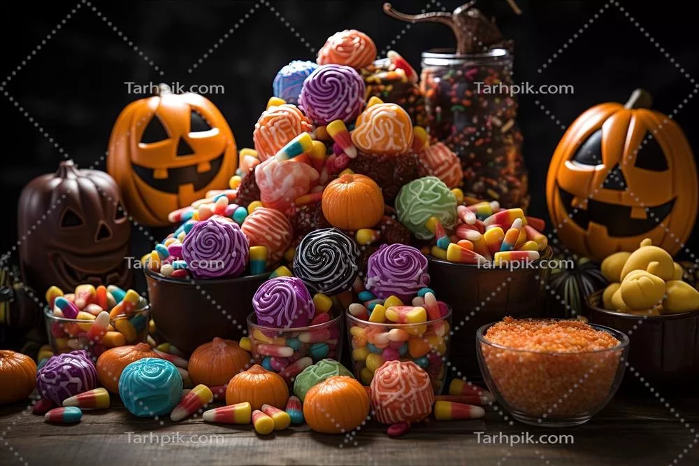 شیرینیها و تنقلات هالووین تولید شده توسط هوش مصنوعی بر روی زمینه تاریک