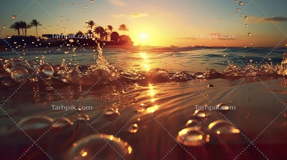 ساحل با امواج و درختان نارگیل در هنگام غروب: اثر هوش مصنوعی خلاق