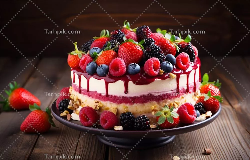 کیک توتفرنگی خوشمزه با توتزمینی، بلوبری و پسته روی پسزمینه چوبی