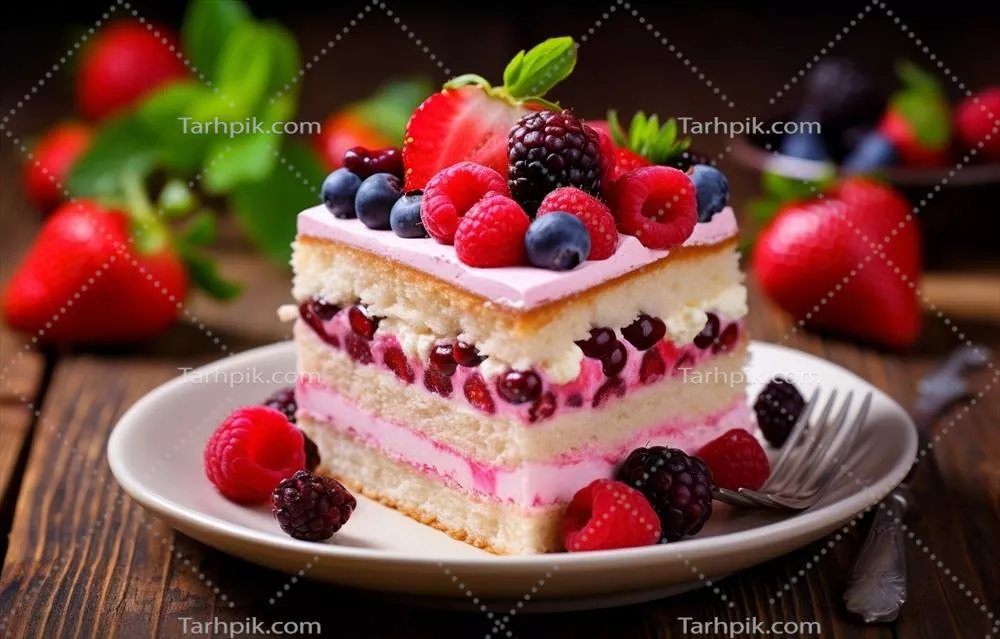 کیک توتفرنگی و تمشک خوشمزه با کَرانت و پسته روی پسزمینه چوبی