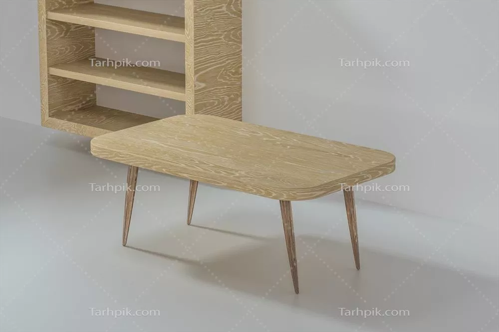 تصویر سه‌بعدی از یک میز چوبی خالی در یک اتاق خالی