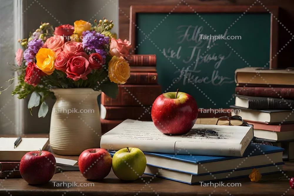ترکیبی زیبا از عناصر روز معلم به خوبی چیده شده روی یک میز