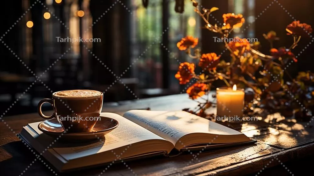 یک فنجان قهوه، کتاب و قلم بر روی میز چوبی - تصویرسازی با هوش مصنوعی