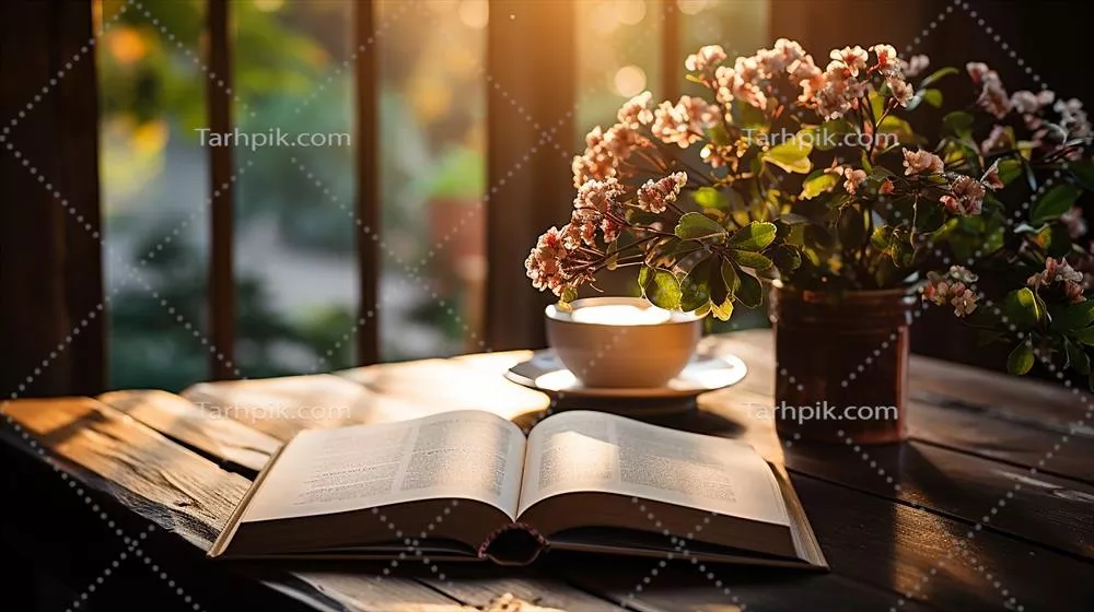 یک لیوان قهوه با کتاب و قلم بر روی میز چوبی: الهامبخش خلاقیت و آرامش
