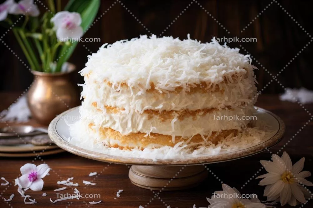یک کیک کامل نارگیلی بر روی بشقاب - طعمی استوایی و فرح‌بخش