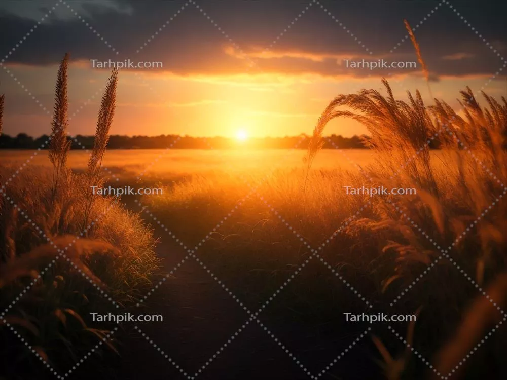 غروبی نفس‌گیر در مزرعه در افق غروب آفتاب به صورت مولد هوش مصنوعی