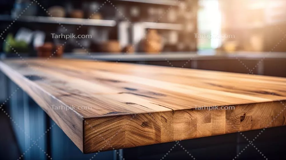 تصویر زمینه میز چوبی با پس‌زمینه تار در آشپزخانه برای نمایش محصولات و طراحی بصری