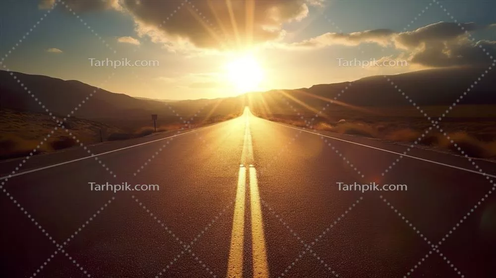 جاده آسفالت سیاه و خطوط تقسیم سفید در بزرگراه صبح زود - هنر دیجیتال و تولیدی هوش مصنوعی