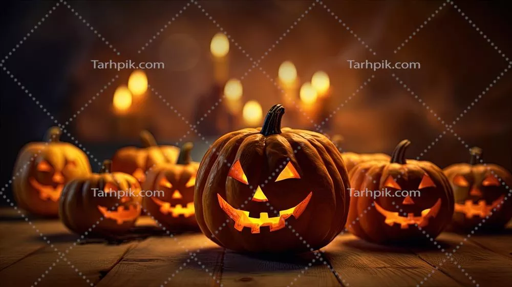 رژه کدوهای هالووین به شکل جک ا-O-لانترن بر روی زمین چوبی برای جشن‌های هالووین
