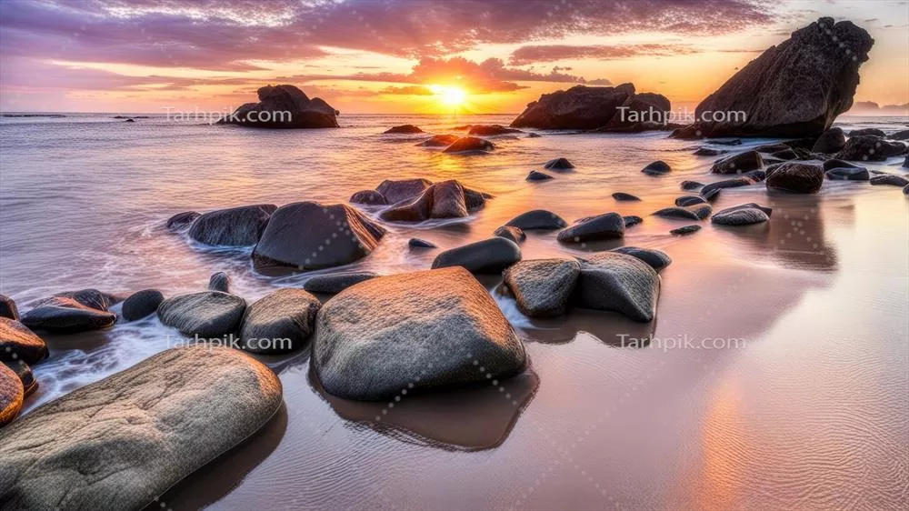 پس‌زمینه‌ای از زیبایی سنگ‌ها در ساحل در هنگام غروب با استفاده از هوش مصنوعی