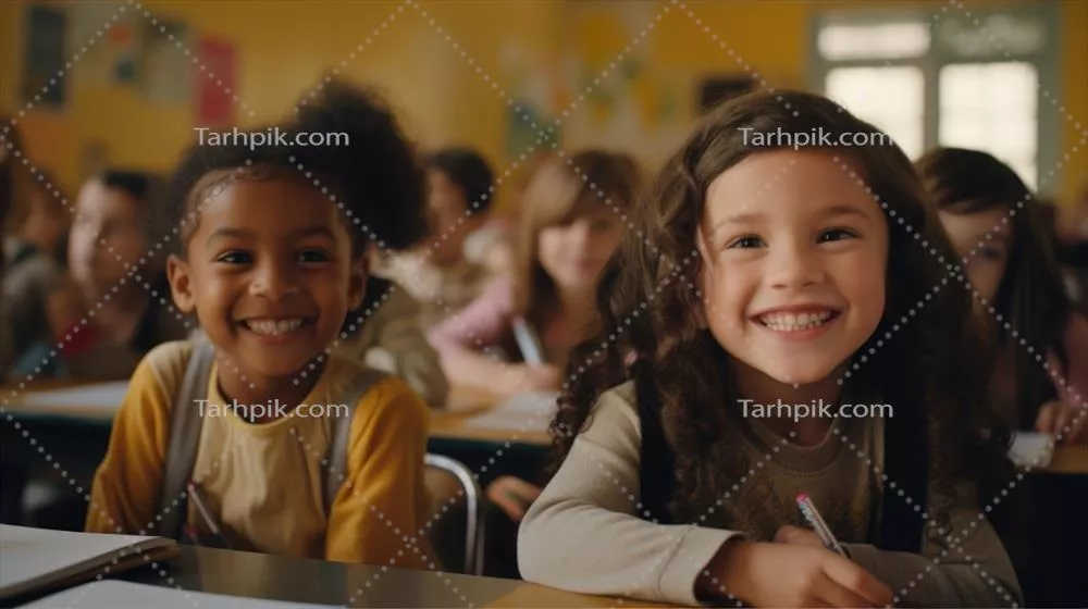 دو دختر کوچک دوست هستند - دوستی بین دختران با پوست سیاه و سفید در مدرسه