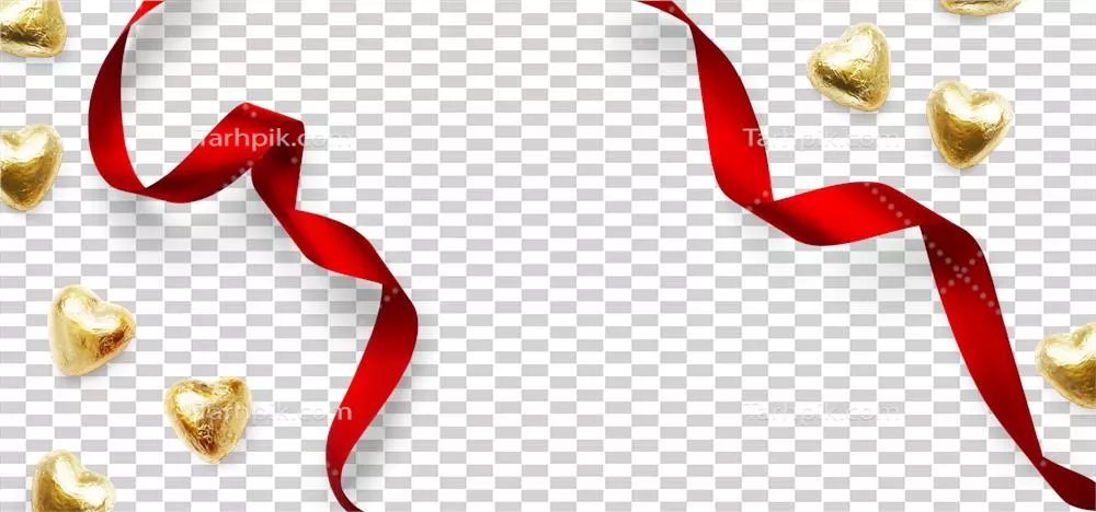 عناصر طراحی برای پسزمینه روز ولنتاین با قلبهای طلایی، شکلات و روبان قرمز