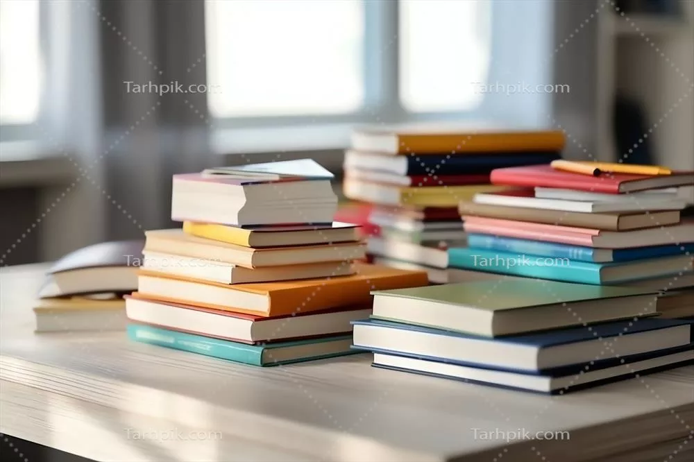 تودهای از کتابها بر روی میز مطالعه در روز جهانی کتاب و روز ملی کتاب