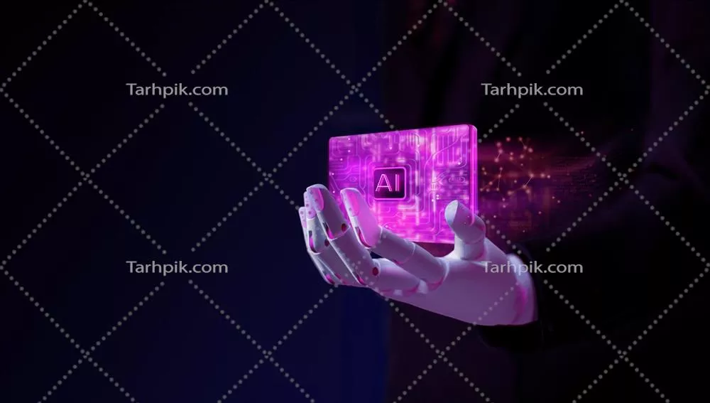 مفهوم فناوری هوش مصنوعی: ربات انسان‌نما با سی‌پی‌یو هوش مصنوعی در دست