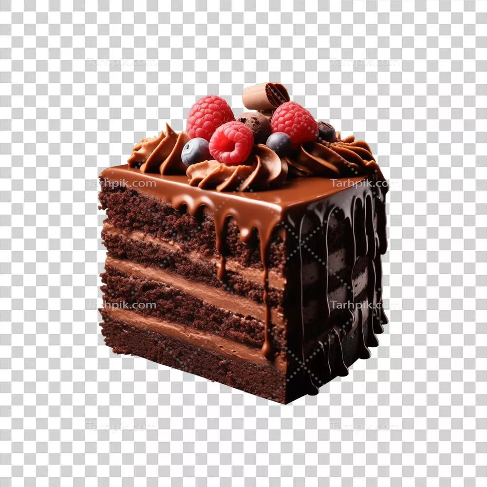 کیک شکلاتی شیرین و خوشمزه با برشهای زیبا بر روی پسزمینه شفاف